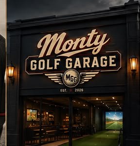 The Monty Golf Garage storefront at night